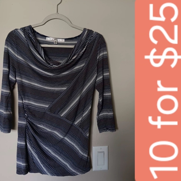Max Studio Tops - Three-Quarter Sleeve Navy & White Striped Cowl Neck Top